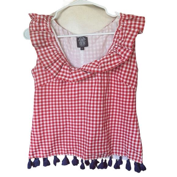 Elizabeth Wilson Tops - Elizabeth Wilson Top Red Gingham Tassel Detail Ruffle Thick Knit Sleeveless S